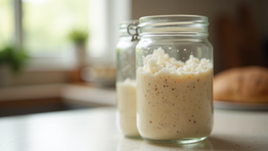 Sourdough starter in glass jar showing bubbles and activity, kitchen counter setting
