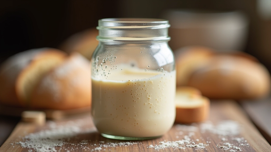 Active sourdough starter in glass jar showing bubbles and rise