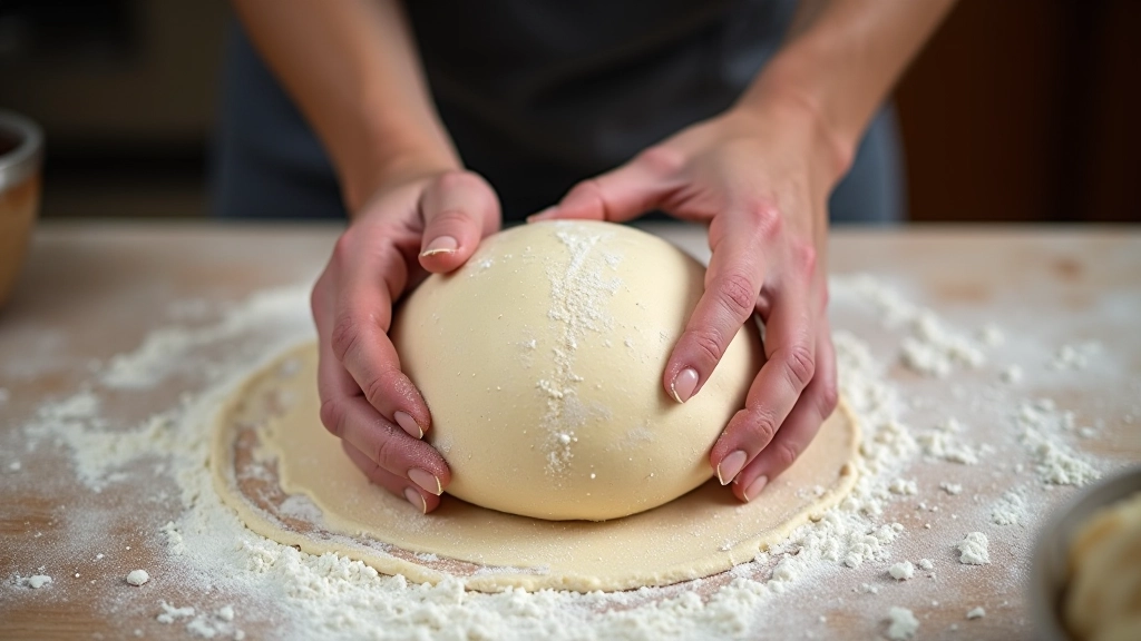 Hands shaping sourdough dough on floured surface, demonstrating proper technique