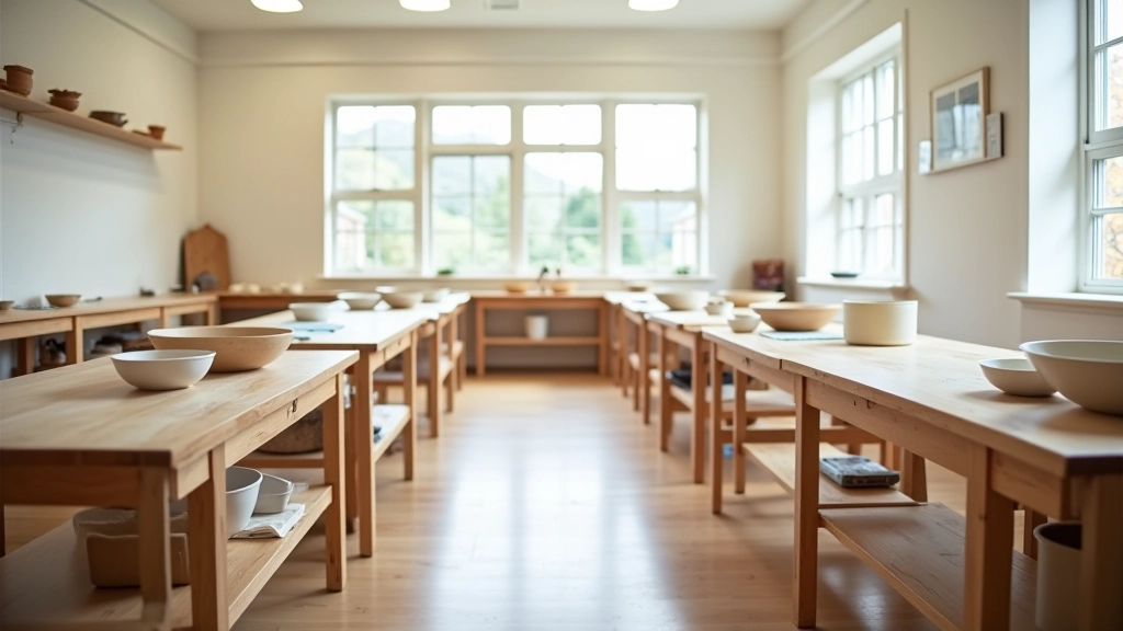 Workshop classroom setup with baking equipment and tables ready for instruction
