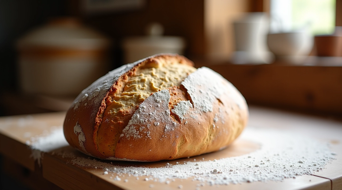 Fresh sourdough loaf with scoring marks, artisan bakery setting with natural lighting