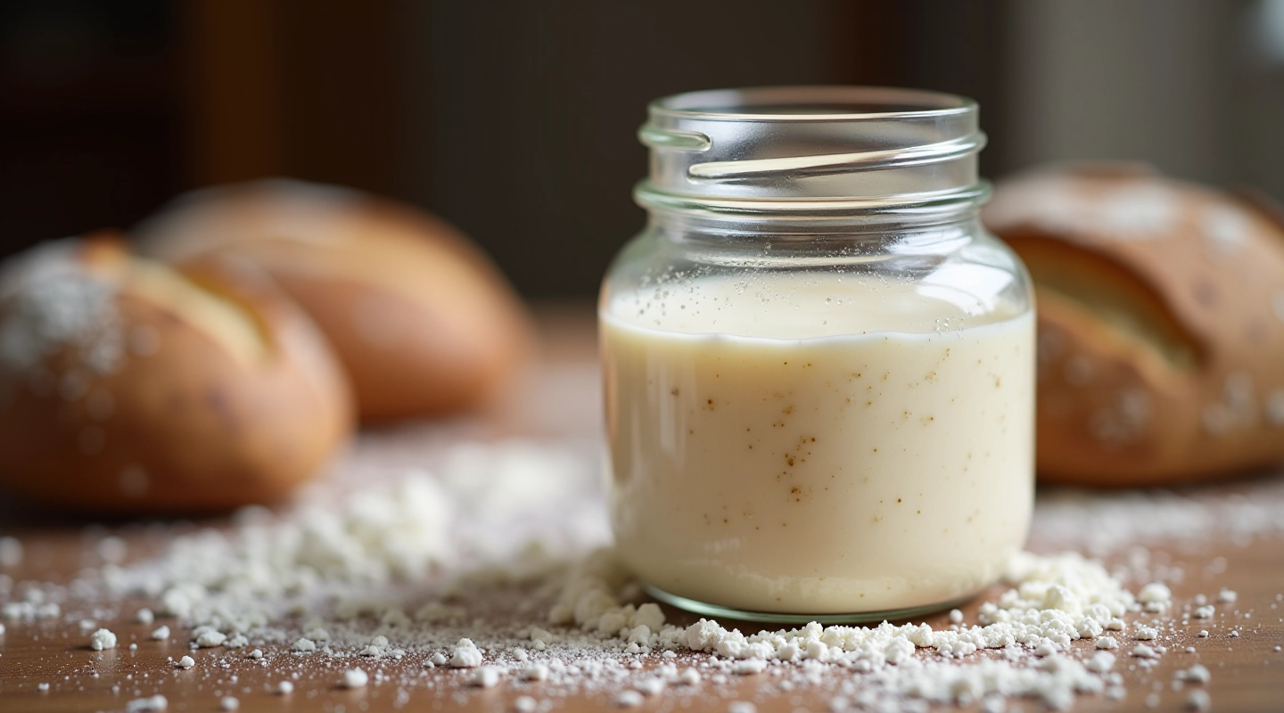 Glass jar with sourdough starter showing visible fermentation bubbles and activity, close-up shot on wooden surface with flour nearby