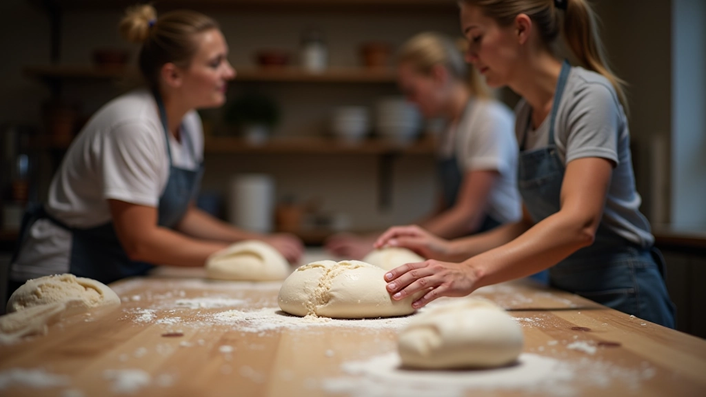 Workshop participants examining dough texture and hydration during hands-on sourdough training