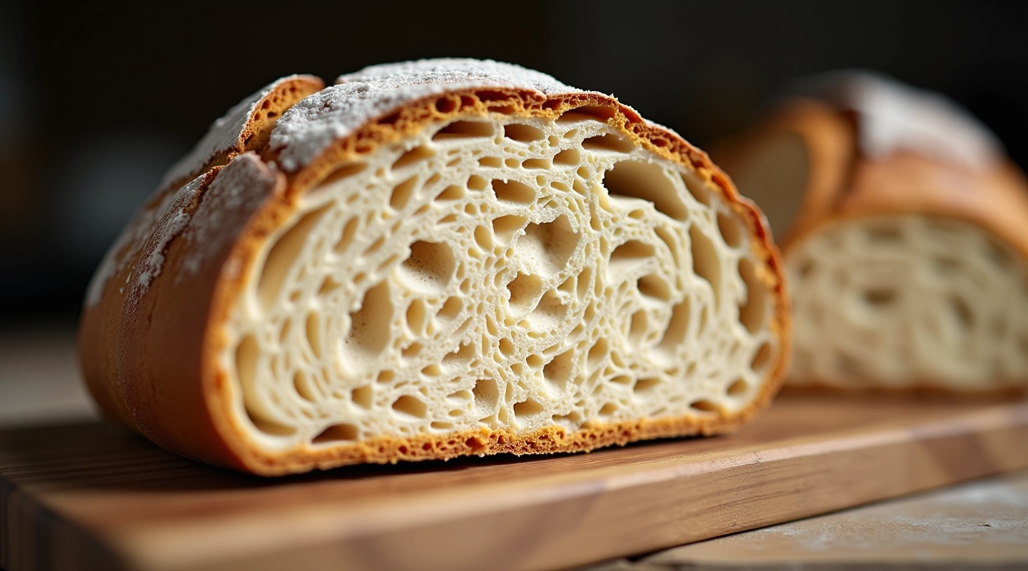 Close-up of sliced sourdough loaf showing dense crumb structure and gummy interior, examining bread texture