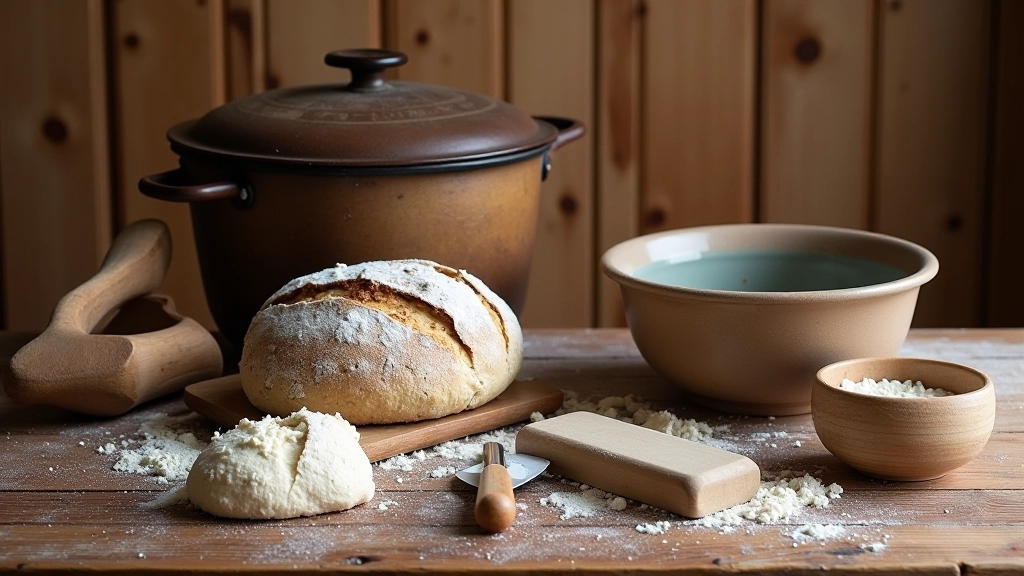 Workspace setup showing all essential sourdough baking tools and equipment arranged on workshop table