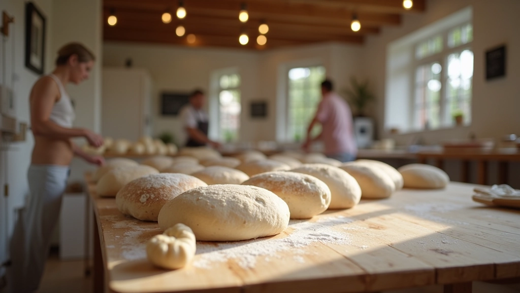 Weekend sourdough baking workshop classroom setup with workstations and baking equipment